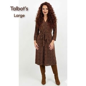 Talbots Brown and Black Printed Tie-Waist Midi Dress